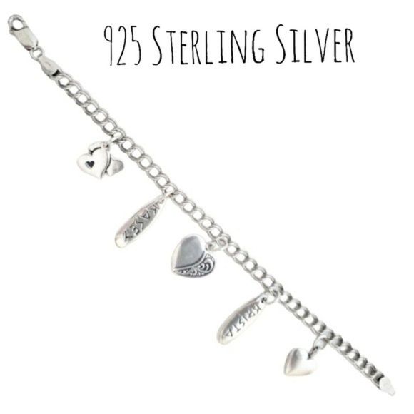 925 Sterling Silver Jewelry - Double Link Charm Bracelet Heart Charms 925 Sterling Silver 7"